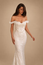 Opulent Ivory Off-the-Shoulder Beaded Lace Tulle Ball Gown Wedding Dress ZP127