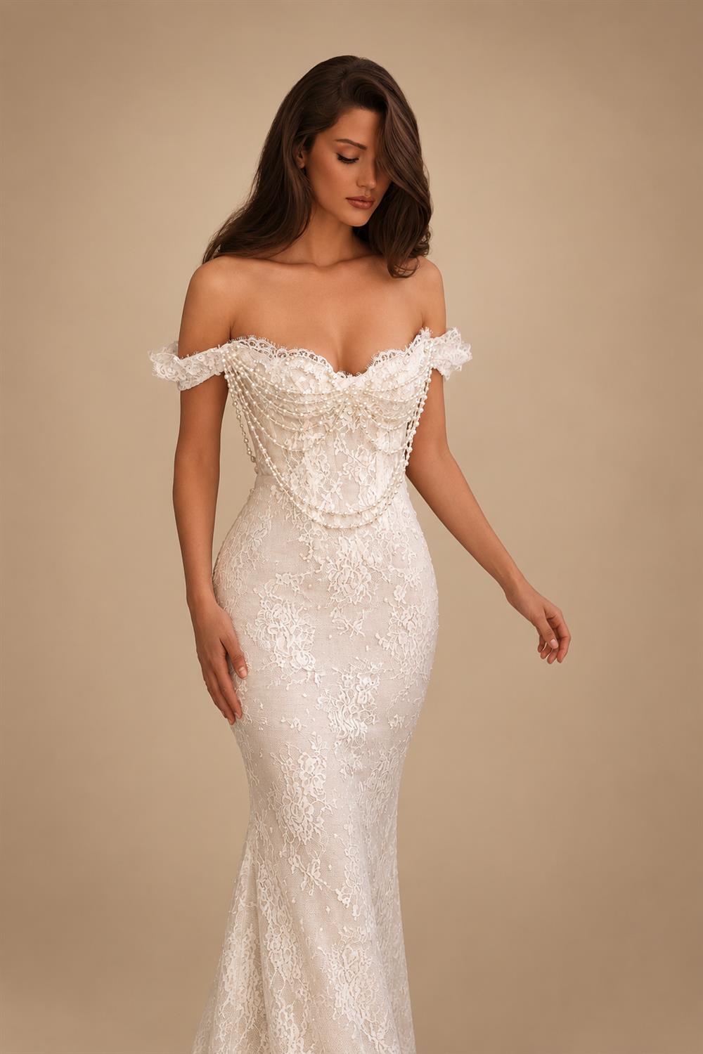Opulent Ivory Off-the-Shoulder Beaded Lace Tulle Ball Gown Wedding Dress ZP127