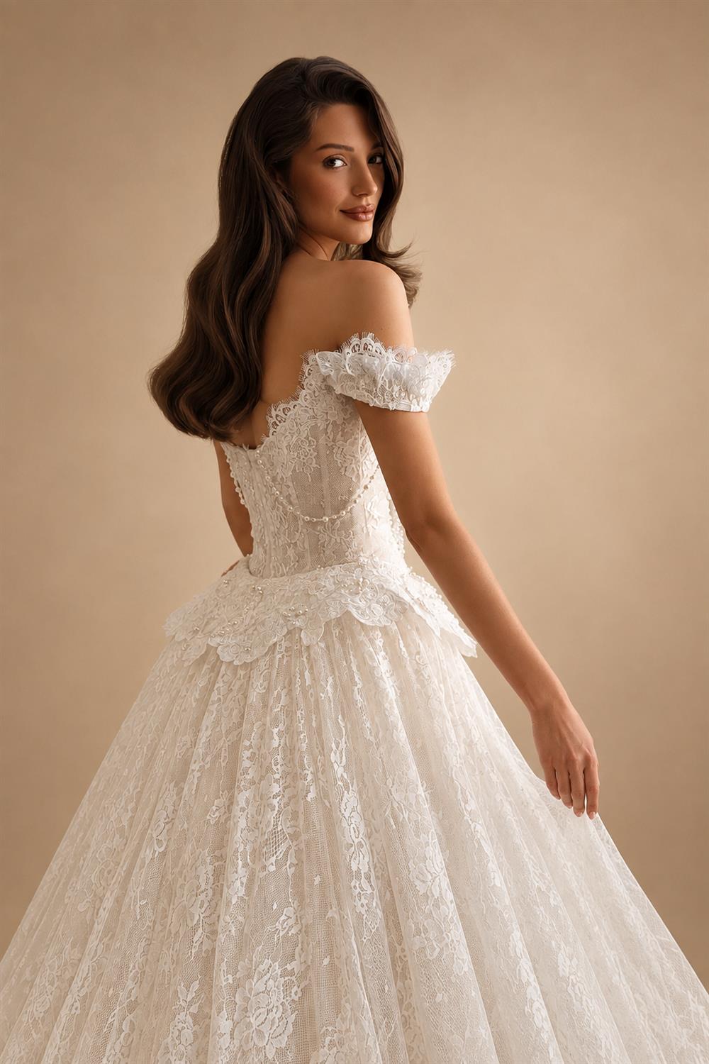 Opulent Ivory Off-the-Shoulder Beaded Lace Tulle Ball Gown Wedding Dress ZP127