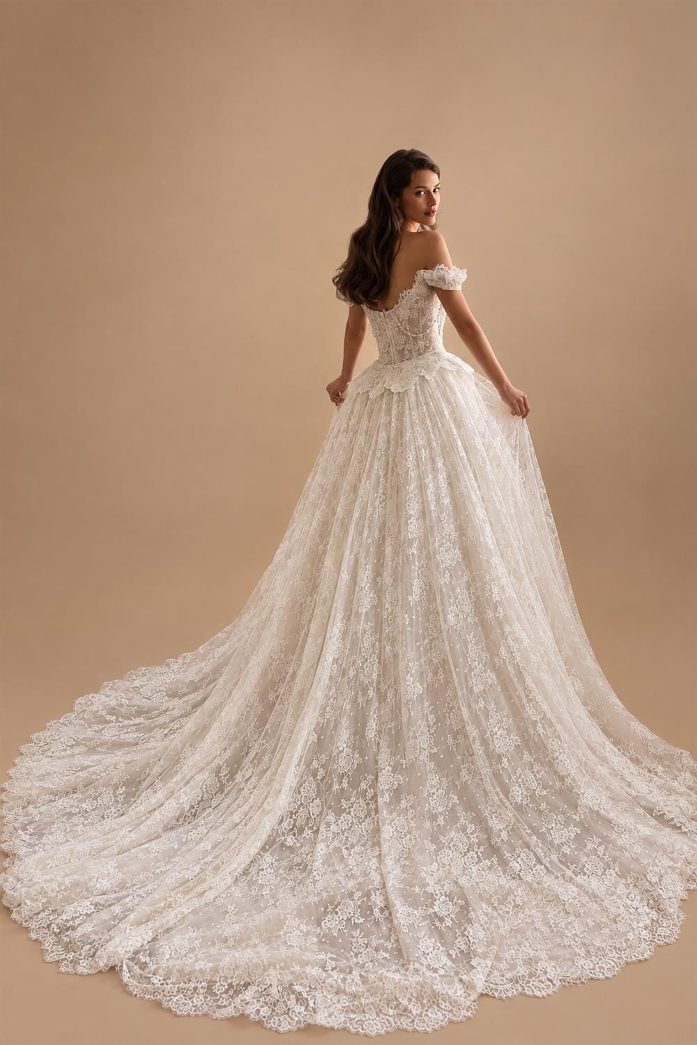 Opulent Ivory Off-the-Shoulder Beaded Lace Tulle Ball Gown Wedding Dress ZP127
