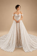 Opulent Ivory Off-the-Shoulder Beaded Lace Tulle Ball Gown Wedding Dress ZP127