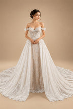 Opulent Ivory Off-the-Shoulder Beaded Lace Tulle Ball Gown Wedding Dress ZP127