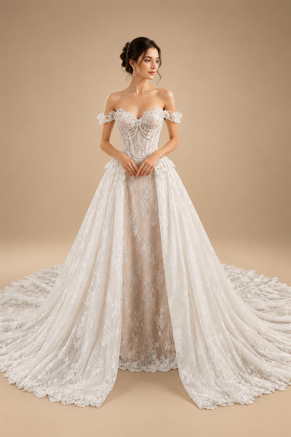 Opulent Ivory Off-the-Shoulder Beaded Lace Tulle Ball Gown Wedding Dress ZP127