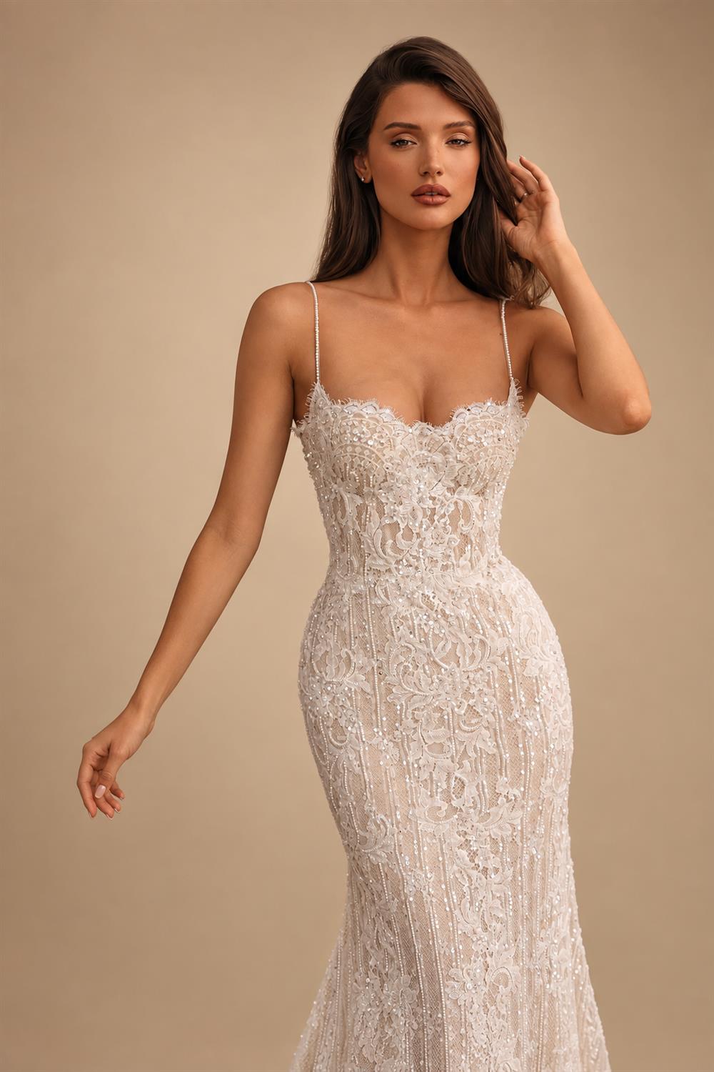 Sophisticated Ivory High Cold Shoulder Beaded Lace Fitted Wedding Dress ZP129