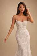 Sophisticated Ivory High Cold Shoulder Beaded Lace Fitted Wedding Dress ZP129
