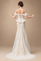 Luxury Ivory Off-the-Shoulder Lace Corset Tulle Train Wedding Dress ZP135