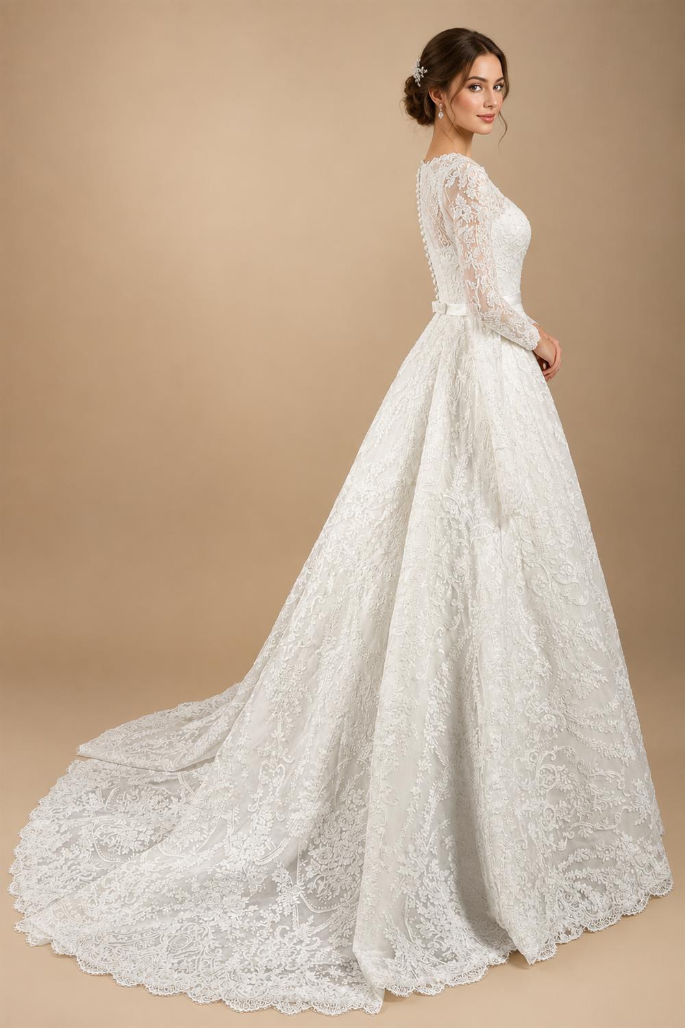 Luxury White Lace Long Sleeve Square Neck Wedding Dress with Veil ZP136