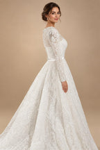 Luxury White Lace Long Sleeve Square Neck Wedding Dress with Veil ZP136