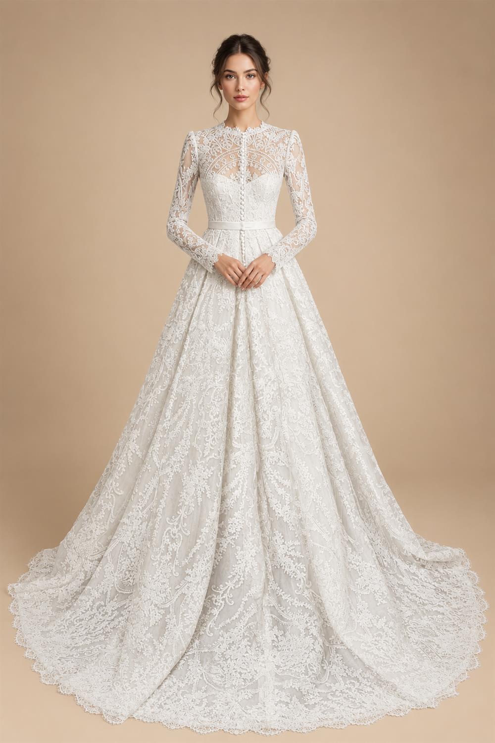 Luxury White Lace Long Sleeve Square Neck Wedding Dress with Veil ZP136