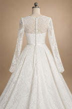 Luxury White Lace Long Sleeve Square Neck Wedding Dress with Veil ZP136
