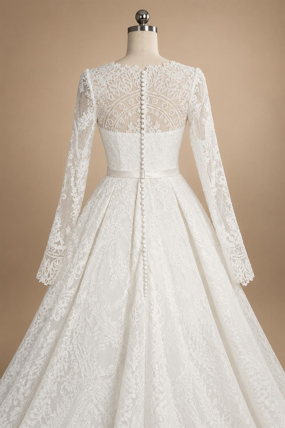 Luxury White Lace Long Sleeve Square Neck Wedding Dress with Veil ZP136