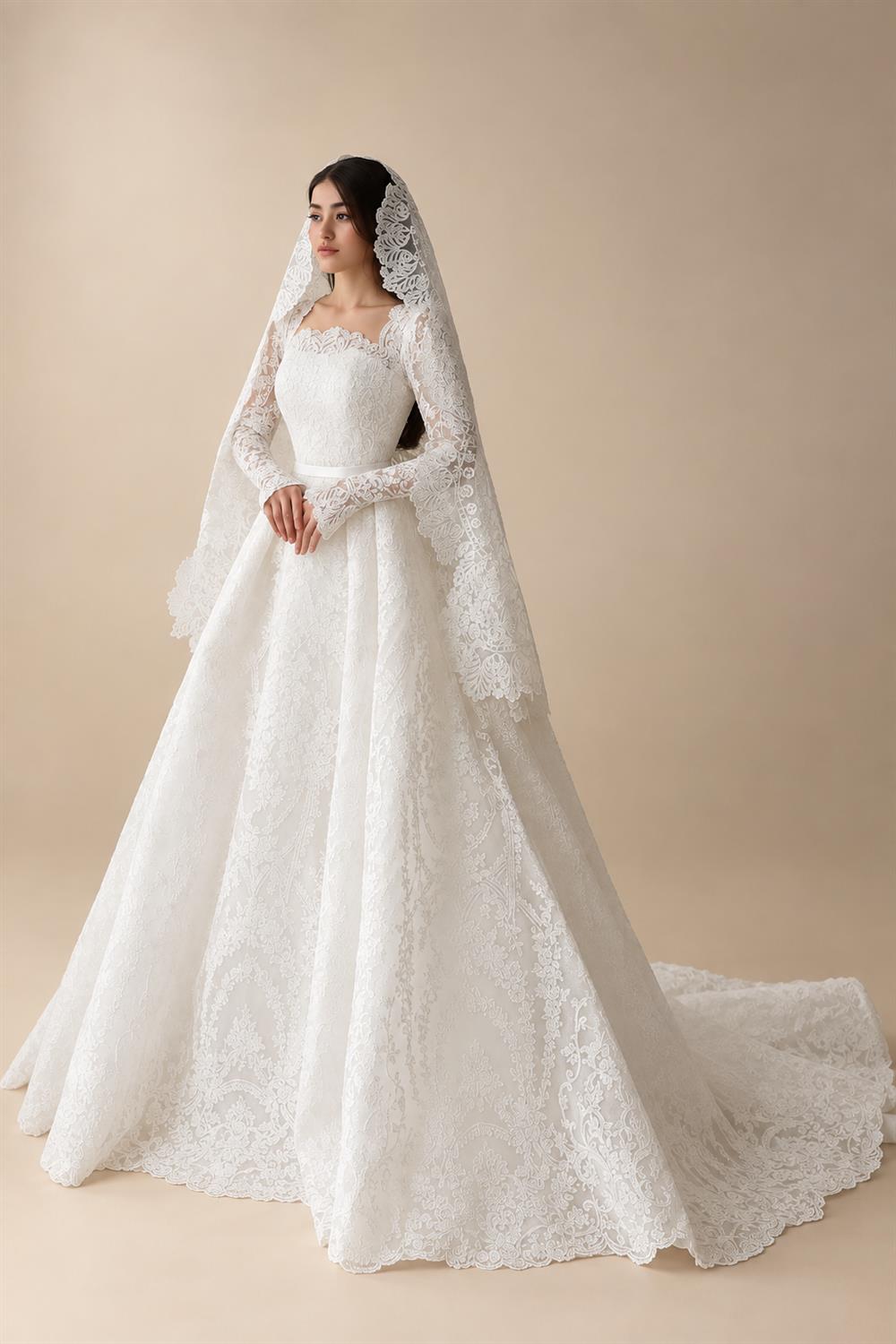 Luxury White Lace Long Sleeve Square Neck Wedding Dress with Veil ZP136