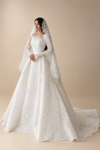 Luxury White Lace Long Sleeve Square Neck Wedding Dress with Veil ZP136