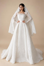Luxury White Lace Long Sleeve Square Neck Wedding Dress with Veil ZP136