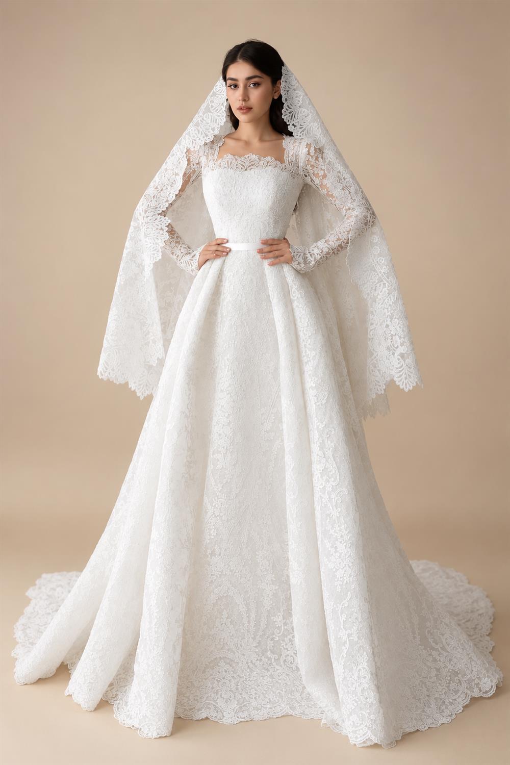 Luxury White Lace Long Sleeve Square Neck Wedding Dress with Veil ZP136
