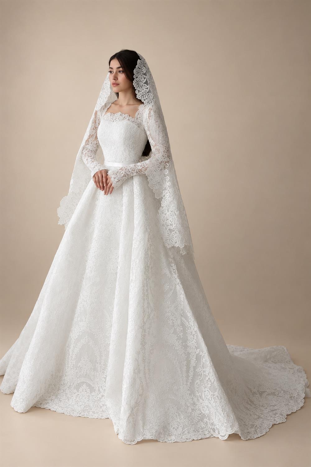 Luxury White Lace Long Sleeve Square Neck Wedding Dress with Veil ZP136