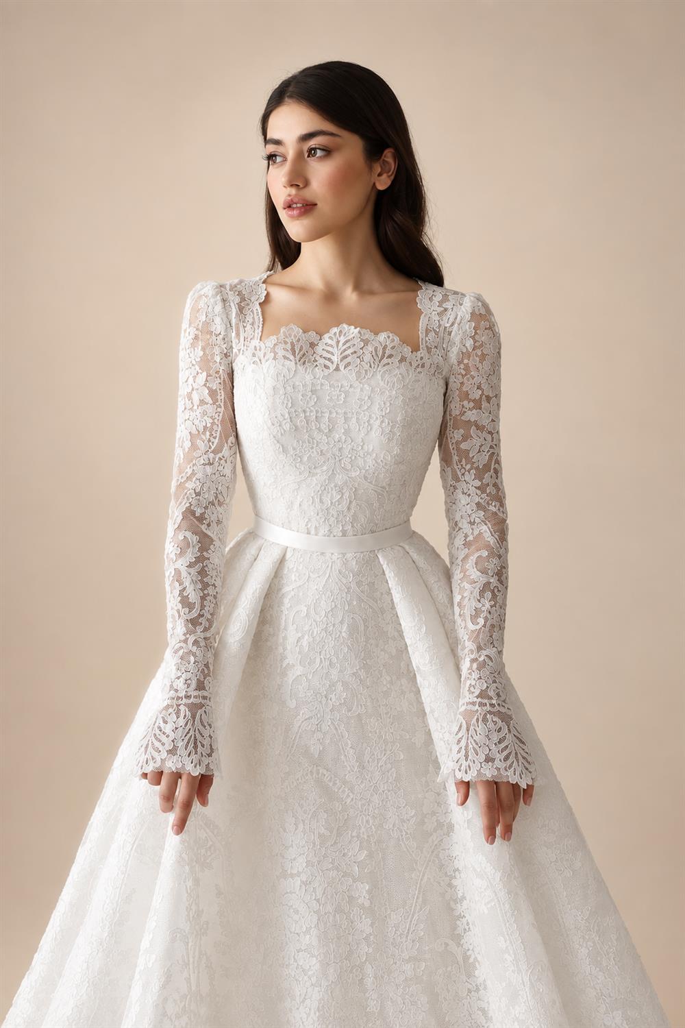 Luxury White Lace Long Sleeve Square Neck Wedding Dress with Veil ZP136