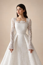 Luxury White Lace Long Sleeve Square Neck Wedding Dress with Veil ZP136