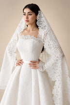 Luxury White Lace Long Sleeve Square Neck Wedding Dress with Veil ZP136