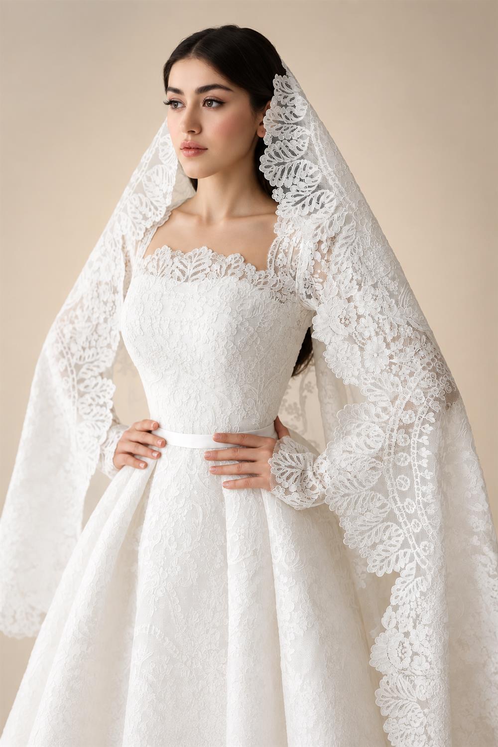 Luxury White Lace Long Sleeve Square Neck Wedding Dress with Veil ZP136