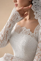 Luxury White Lace Long Sleeve Square Neck Wedding Dress with Veil ZP136