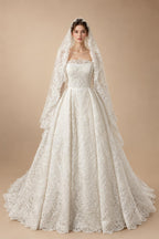 Luxury White Lace Long Sleeve Square Neck Wedding Dress with Veil ZP136