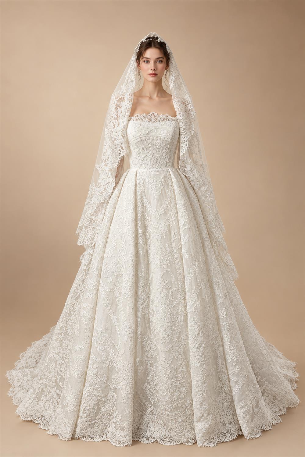 Luxury White Lace Long Sleeve Square Neck Wedding Dress with Veil ZP136