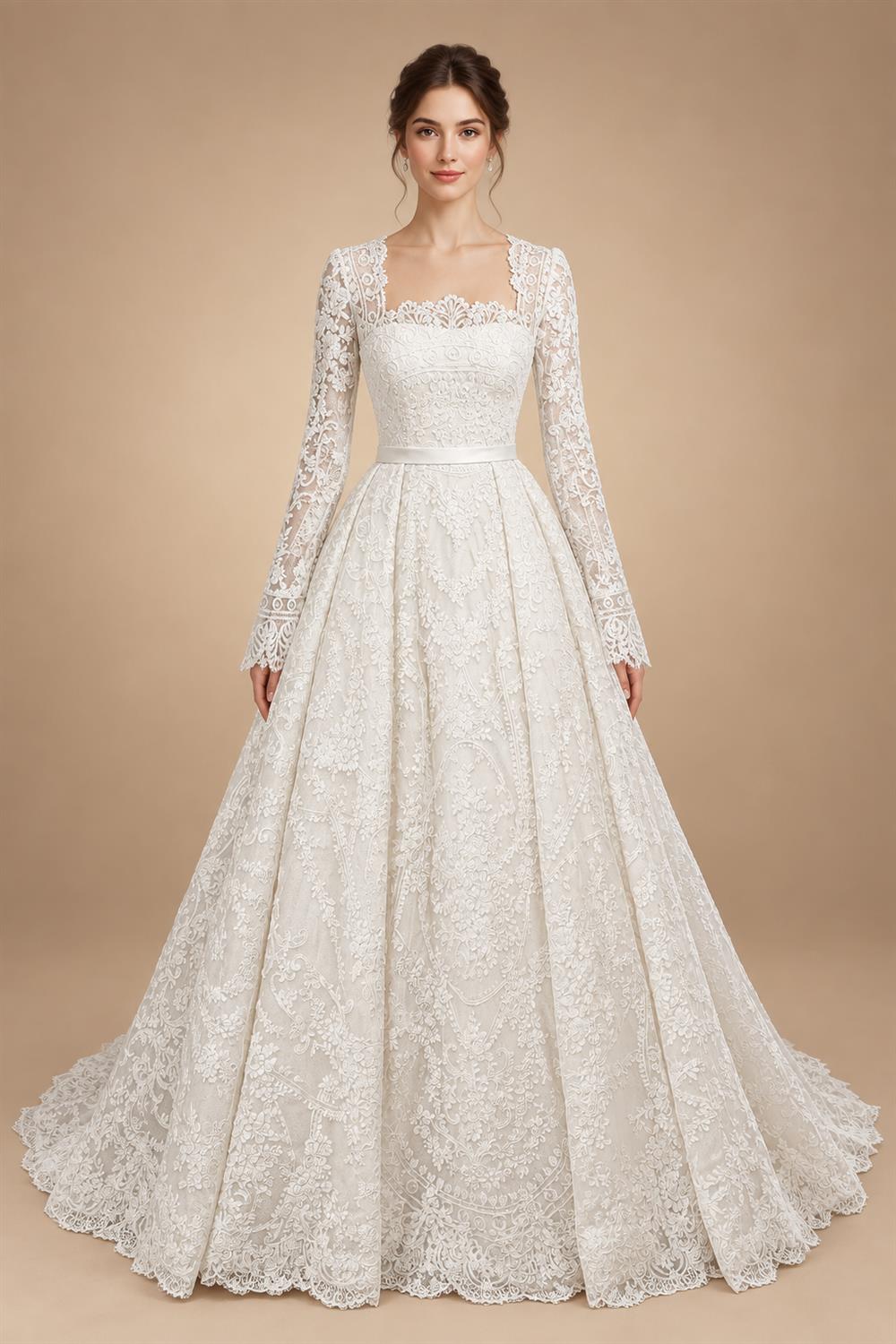 Luxury White Lace Long Sleeve Square Neck Wedding Dress with Veil ZP136