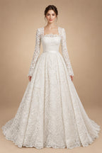 Luxury White Lace Long Sleeve Square Neck Wedding Dress with Veil ZP136