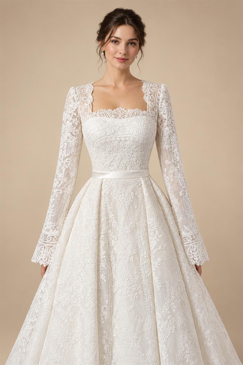 Luxury White Lace Long Sleeve Square Neck Wedding Dress with Veil ZP136