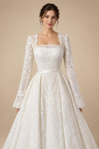 Luxury White Lace Long Sleeve Square Neck Wedding Dress with Veil ZP136
