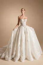 Luxury Ivory Strapless Floral Embroidery Ball Gown Wedding Dress with Veil ZP137