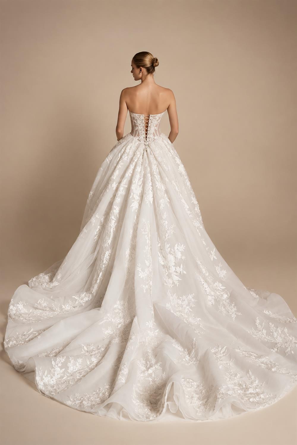 Luxury Ivory Strapless Floral Embroidery Ball Gown Wedding Dress with Veil ZP137