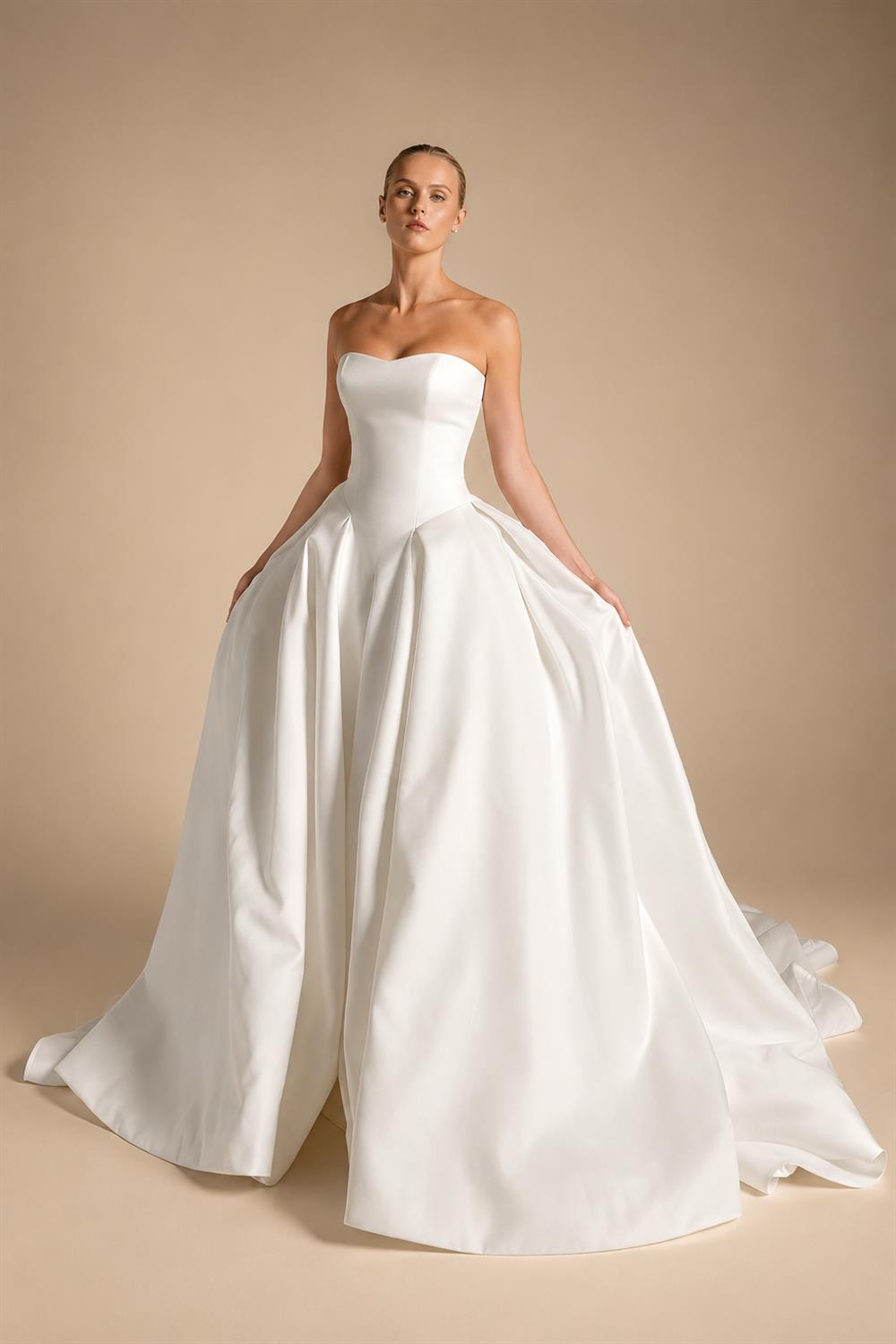 Luxury White Spaghetti Strap Beaded Satin Ball Gown Wedding Dress ZP139
