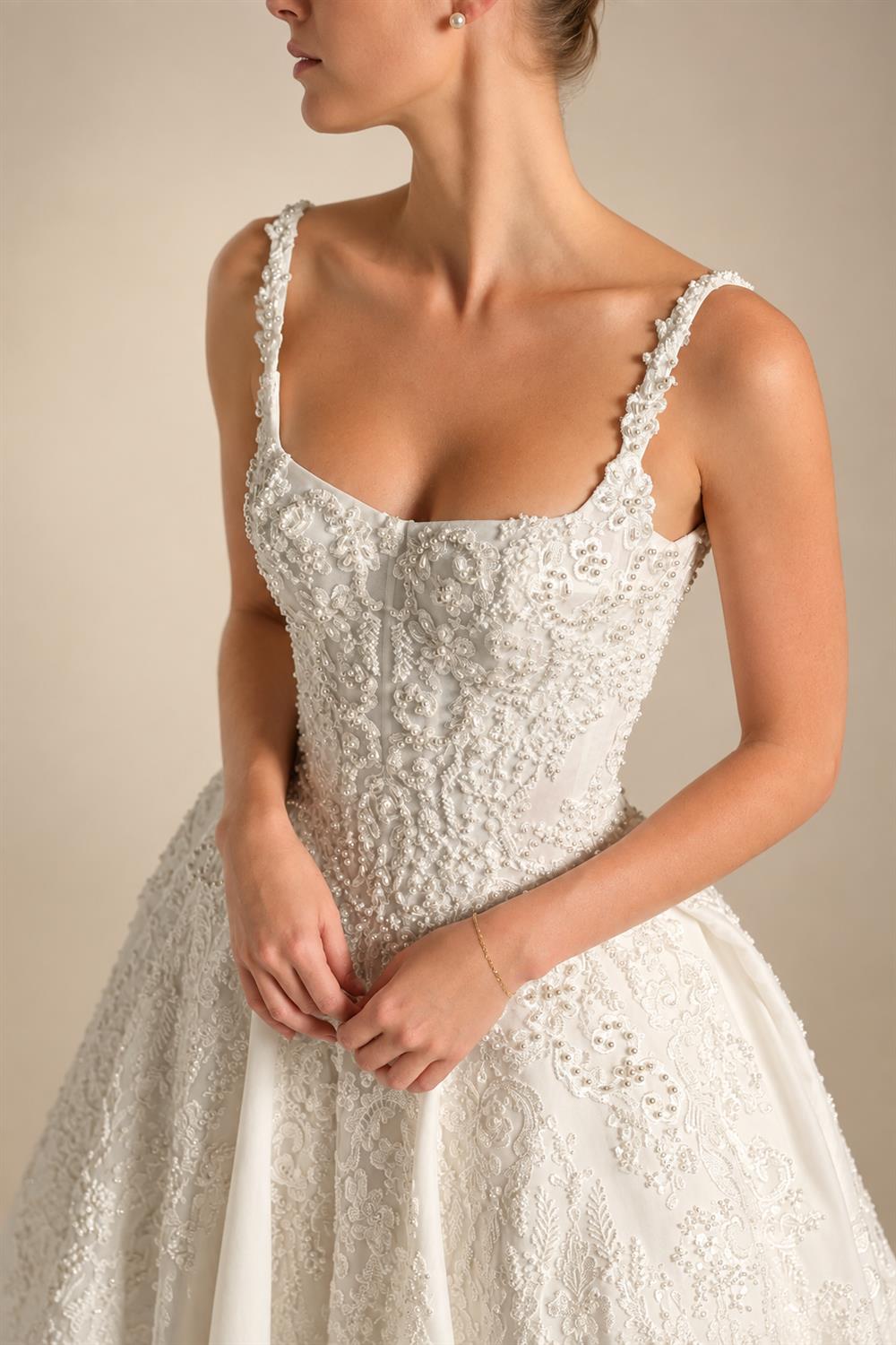 Luxury White Spaghetti Strap Beaded Satin Ball Gown Wedding Dress ZP139