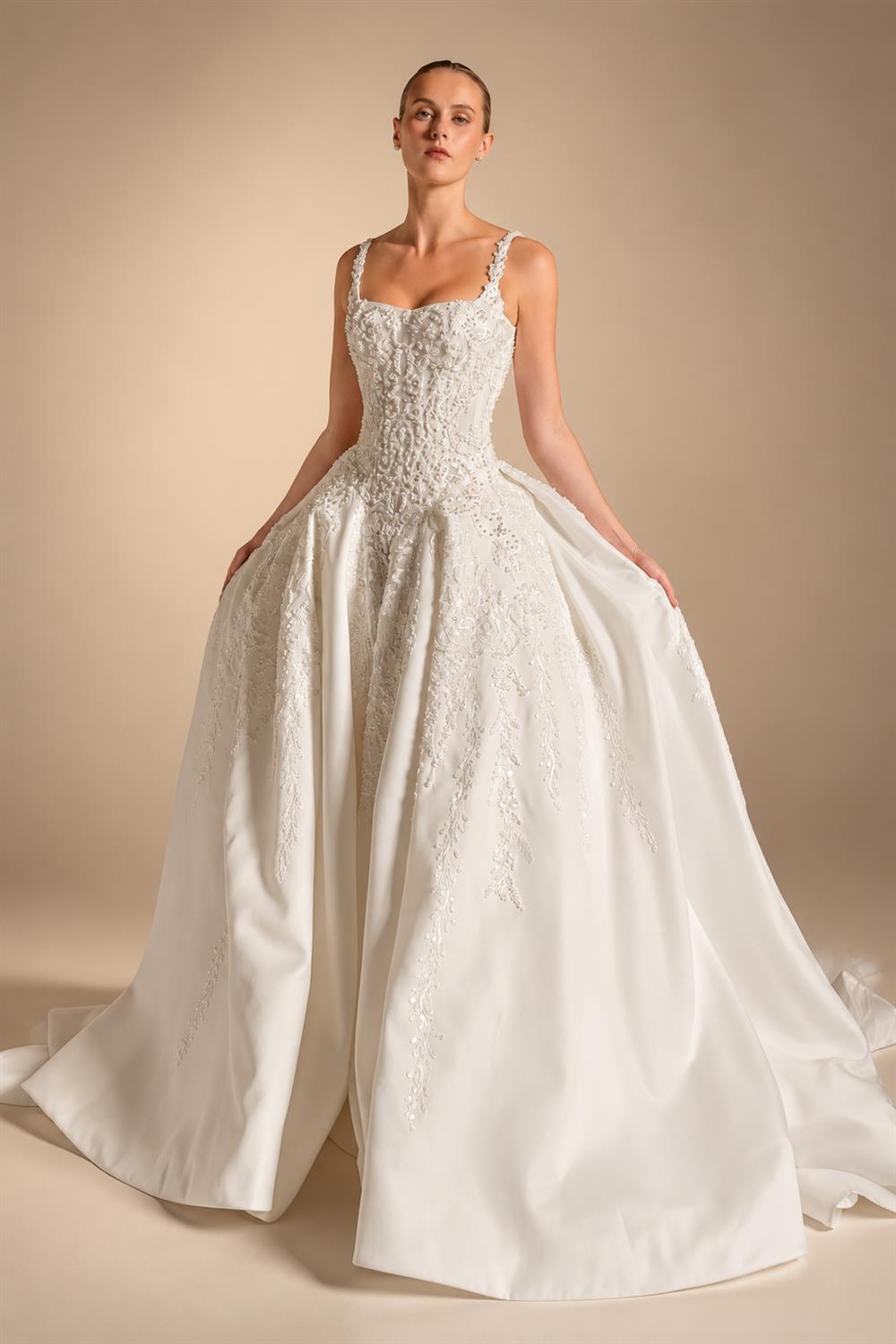 Luxury White Spaghetti Strap Beaded Satin Ball Gown Wedding Dress ZP139