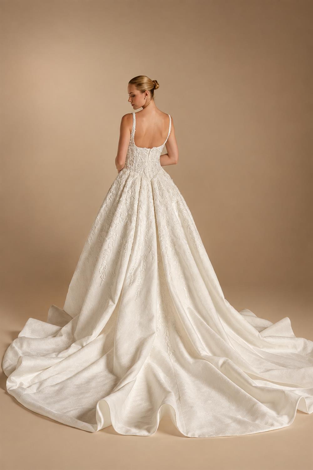 Luxury White Spaghetti Strap Beaded Satin Ball Gown Wedding Dress ZP139