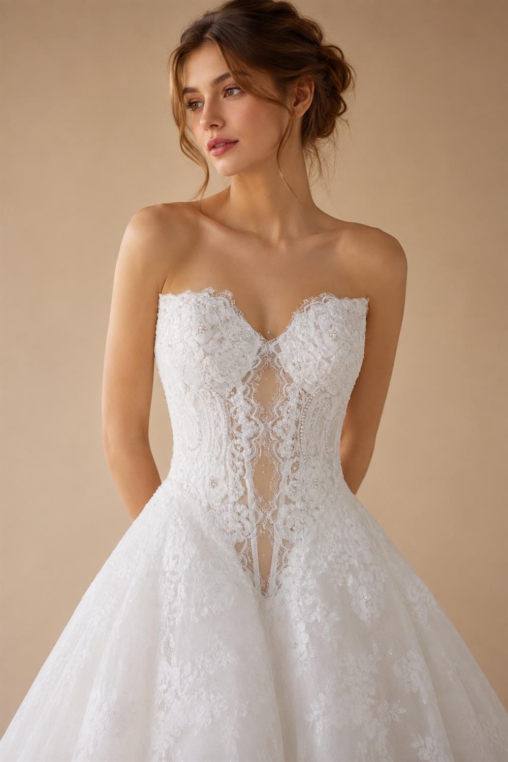Luxury Ivory Strapless Lace Train Wedding Dress with Scarf ZP140
