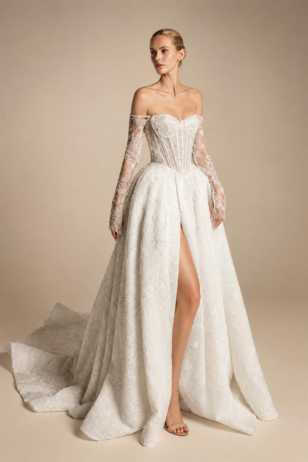 Luxury Ivory Strapless Lace High-Slit A-Line Wedding Dress ZP141