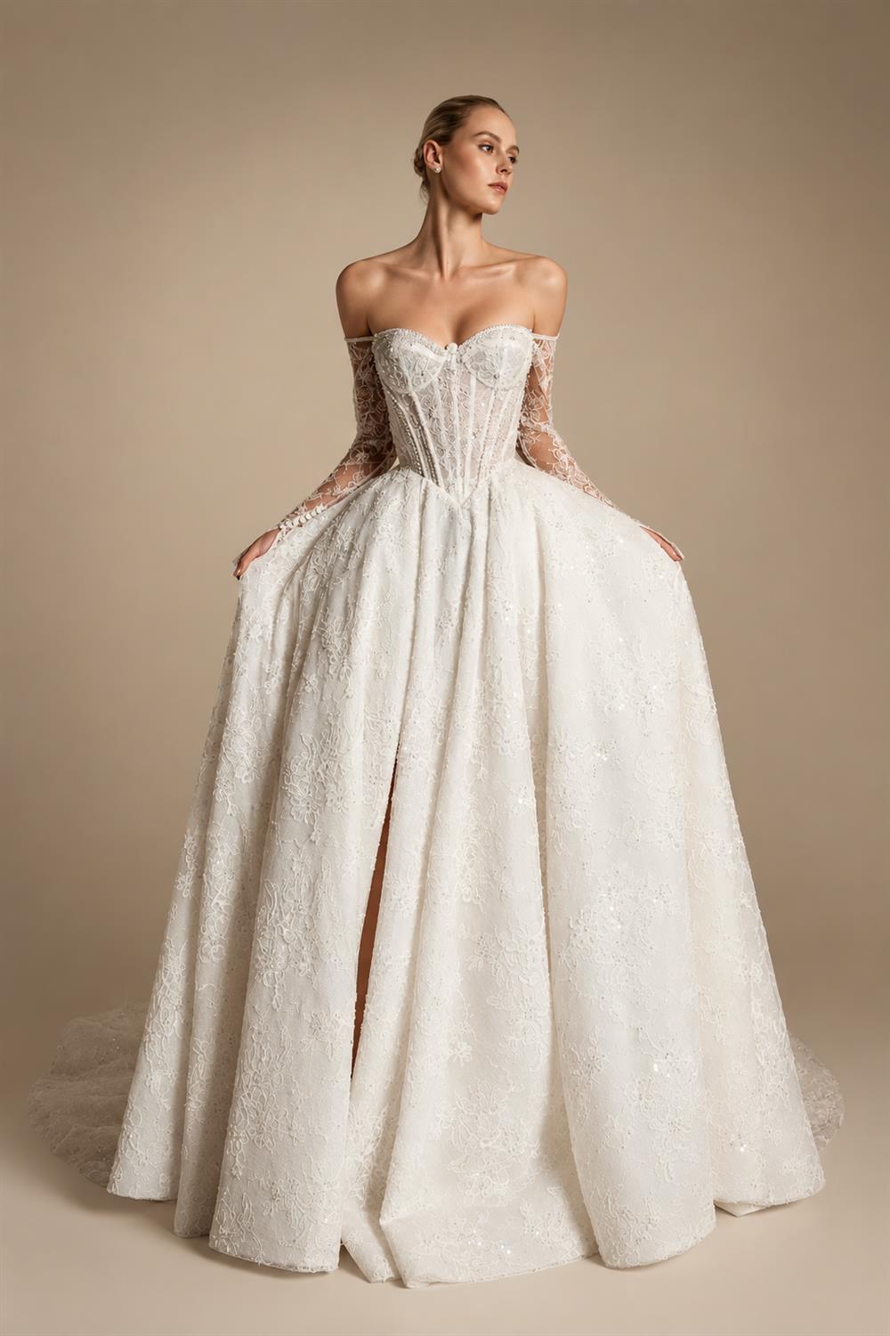 Luxury Ivory Strapless Lace High-Slit A-Line Wedding Dress ZP141