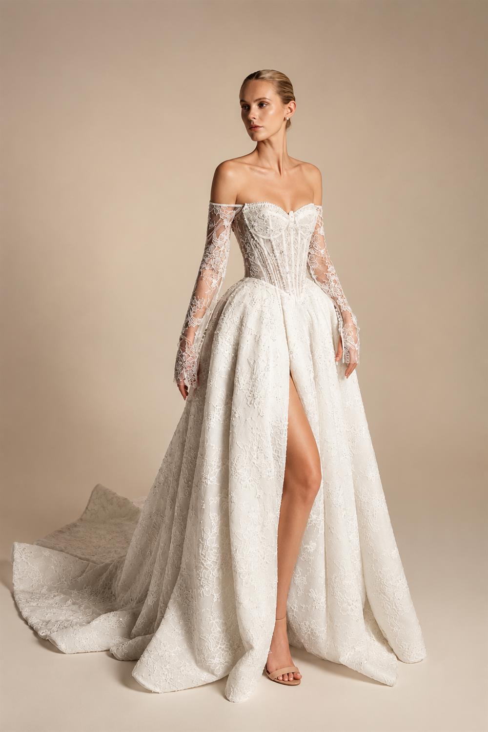 Luxury Ivory Strapless Lace High-Slit A-Line Wedding Dress ZP141