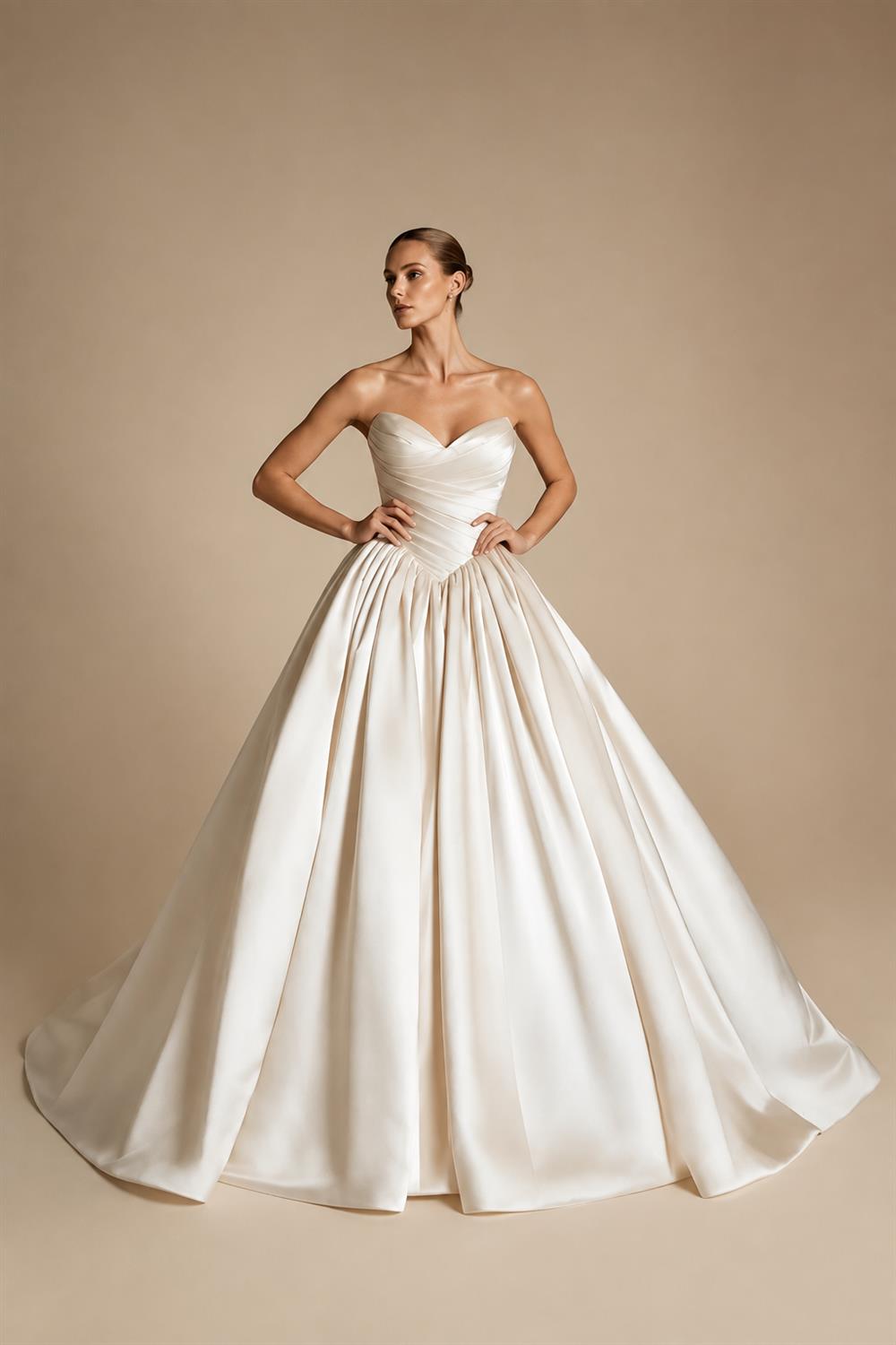 Luxury Champagne Strapless Satin Ball Gown Trailed Wedding Dress ZP144
