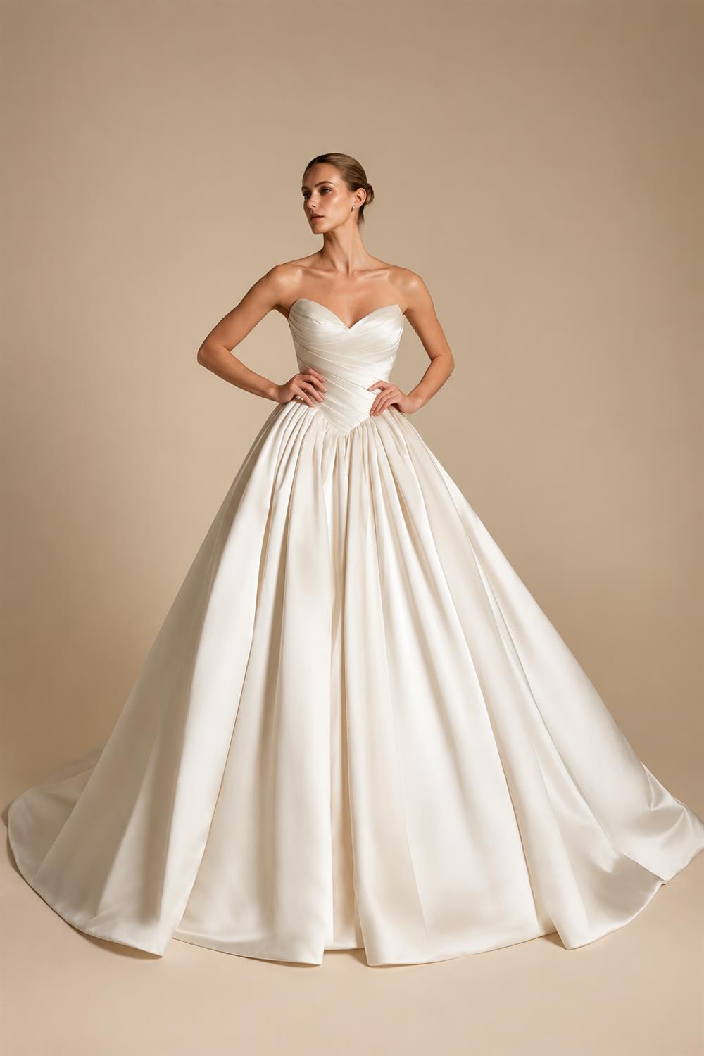 Luxury Champagne Strapless Satin Ball Gown Trailed Wedding Dress ZP144