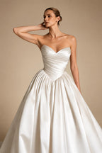 Luxury Champagne Strapless Satin Ball Gown Trailed Wedding Dress ZP144