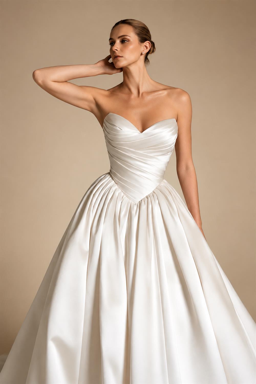 Luxury Champagne Strapless Satin Ball Gown Trailed Wedding Dress ZP144