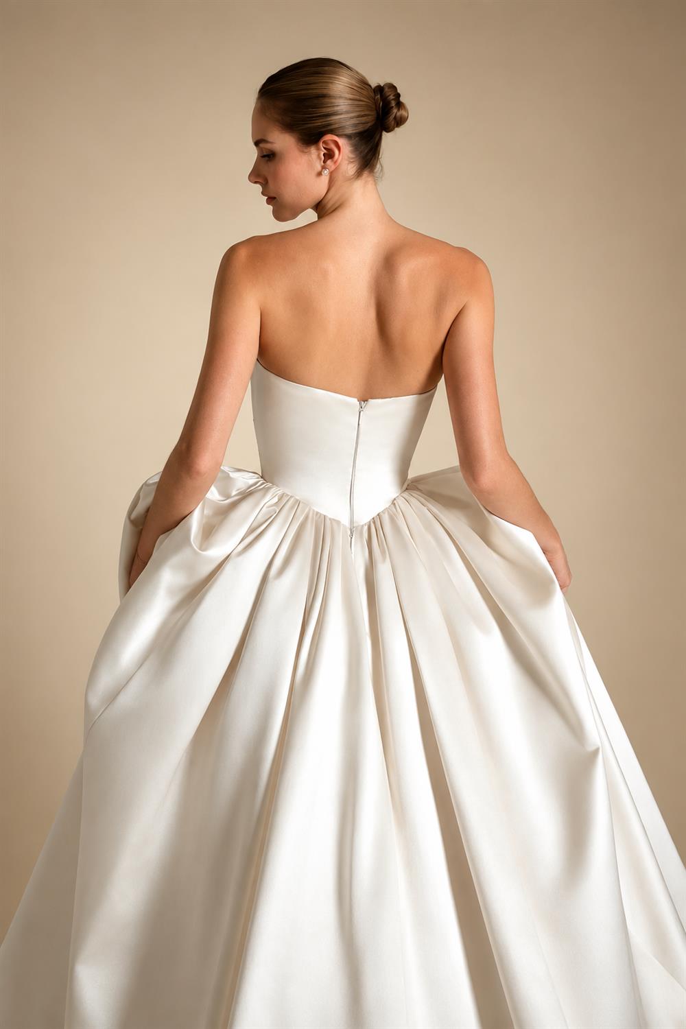 Luxury Champagne Strapless Satin Ball Gown Trailed Wedding Dress ZP144