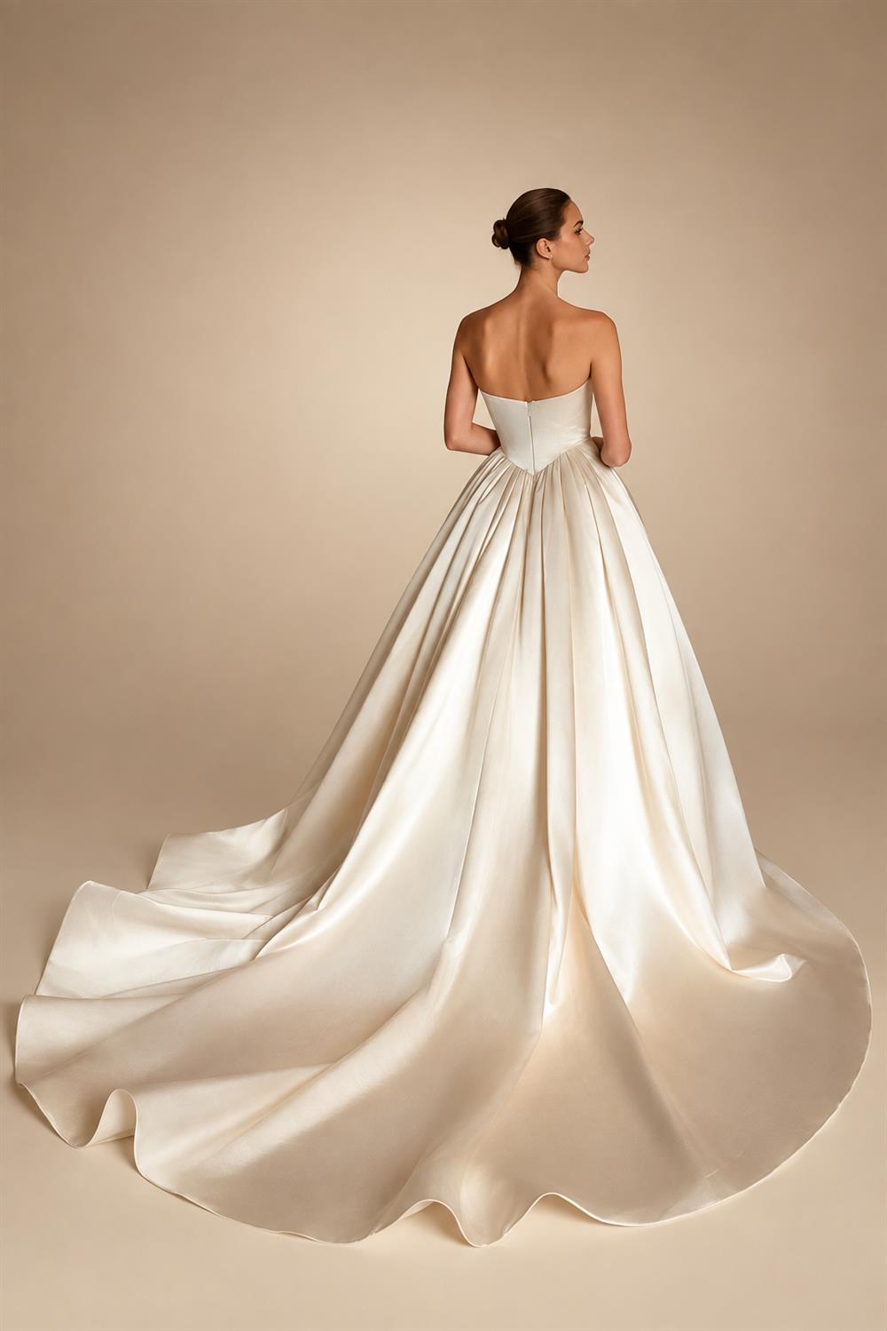Luxury Champagne Strapless Satin Ball Gown Trailed Wedding Dress ZP144