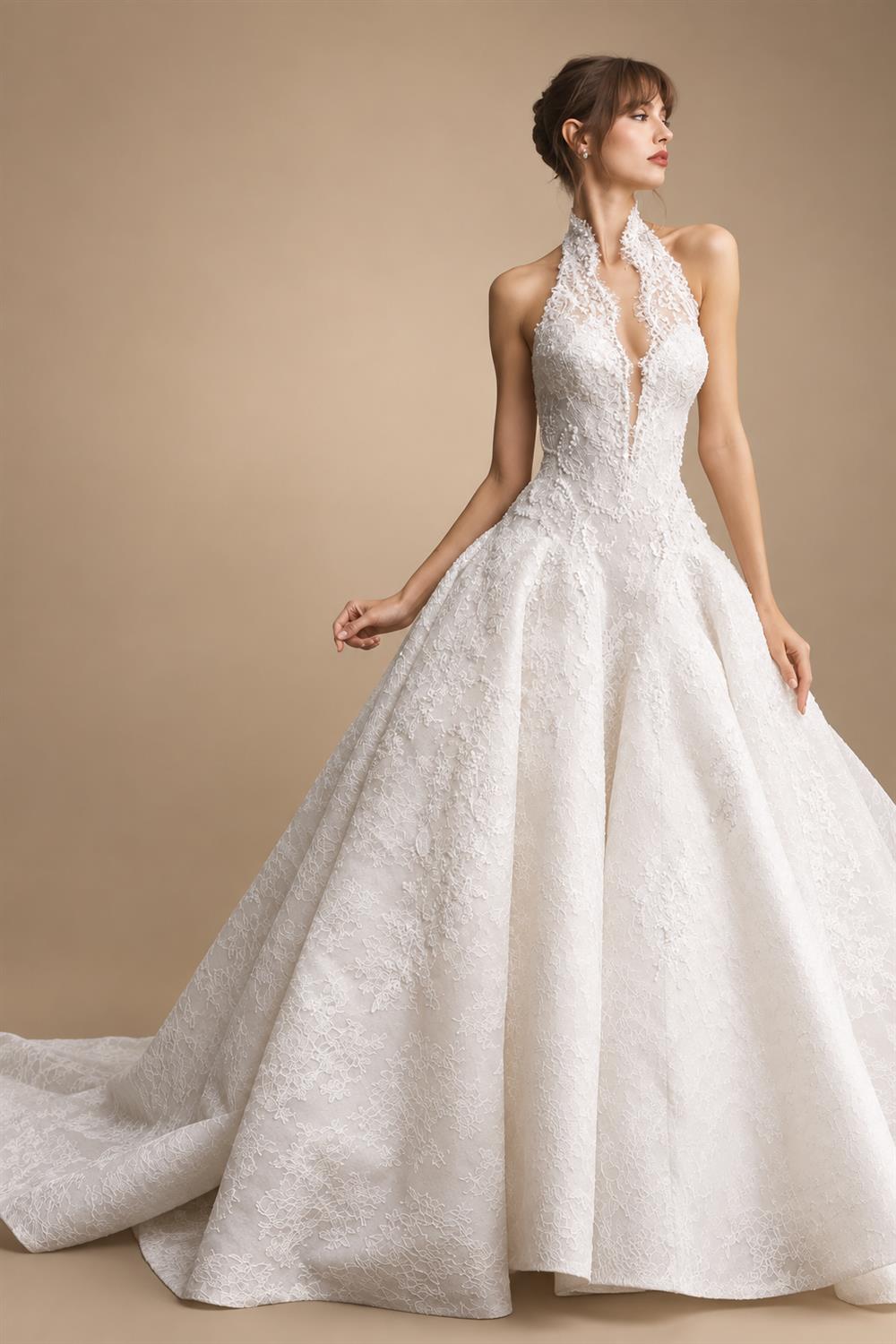 Luxury Ivory Halter Neck Lace Deep V Ball Gown Wedding Dress ZP146