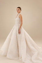 Luxury Ivory Halter Neck Lace Deep V Ball Gown Wedding Dress ZP146