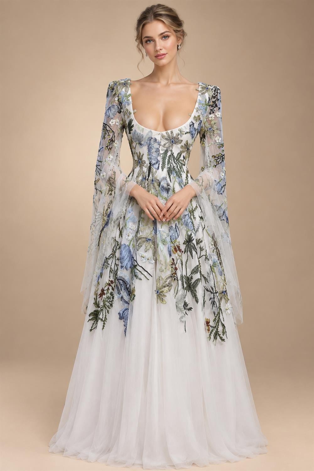 Luxury White Embroidery Long Sleeve Boho Train Wedding Dress ZP158